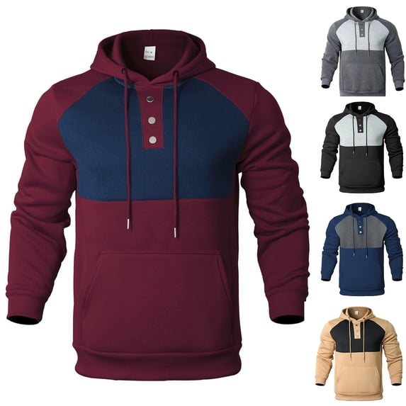 Mifsaly Mens Hoodies Color Block Buttons Henley Hooded Sweatshirt with Pocket Spring Fall Daily Casual Athletic Hoodies Wine,XL