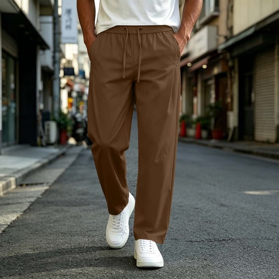 Mifsaly Mens Lightweight Pants Drawstring Elastic Waist Straight Leg Work Pants Breathable Golf Travel Business Casual Bottoms with Pockets Brown,M