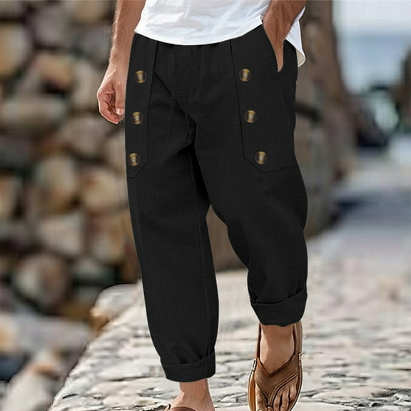 Mifsaly Mens Linen Pants Wide Leg Beach Pant Summer Vacation Casual Trousers 2026 Breathable Lightweight Travel Outfits with Pockets S