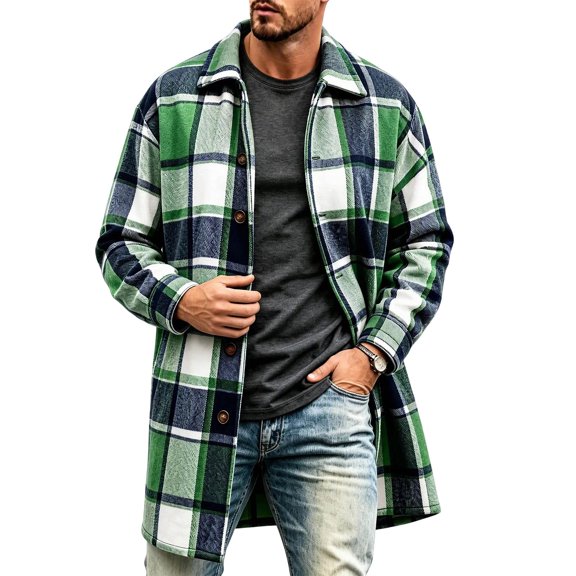 Mifsaly Mens Long Plaid Shacket Jackets Flannel Zip Up Trench Coat Fall Winter 2026 Windproof Daily Going Out Work Office Fashion Lounge Outfits Navy,L