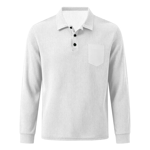 Mifsaly Mens Long Sleeve Shirts Waffle Knit Lapel Collar Blouses Casual Daily Golf Shirts for Spring Fall White,XL