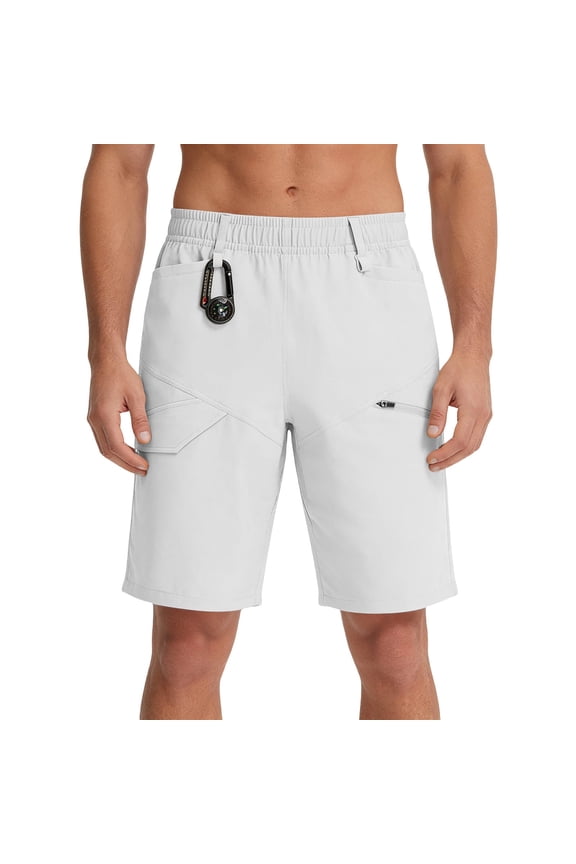 Mens Outdoor Cargo Shorts Elastic Waist Athletic Hiking Shorts Lightweight Quick-Dry Stretch Work Casual Bottoms with Multi Pockets White,L