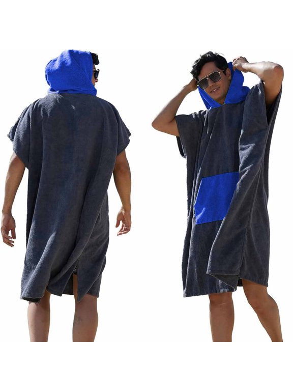 Mens Poncho Towel Robe Surf Changing Hooded Bathrobe Quick Dry Lightweight Loungewear for Beach Swim Shower Blue,Free Size