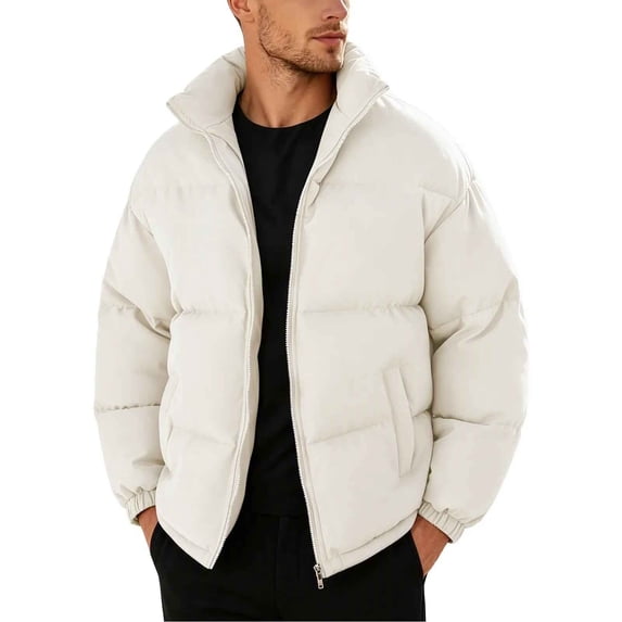 Mifsaly Mens Puffer Jacket Solid Color Stand Collar Full Zip Casual Padded Winter Coat with Multi Pockets Beige,5XL