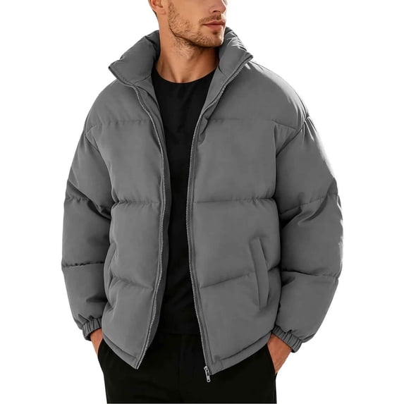 Mifsaly Mens Puffer Jacket Solid Color Stand Collar Full Zip Casual Padded Winter Coat with Multi Pockets Dark Gray,3XL