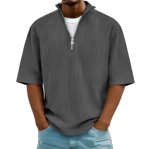 Mifsaly Mens Quarter Zip Shirts Ribbed Knit Short Sleeve Collar tops Casual Athletic Fit Lightweight Breathable Work Office Pullover Tees Gray,L