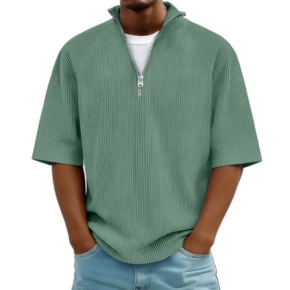 Mifsaly Mens Quarter Zip Shirts Ribbed Knit Short Sleeve Collar tops Casual Athletic Fit Lightweight Breathable Work Office Pullover Tees Green,S