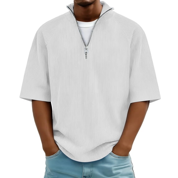 Mifsaly Mens Quarter Zip Shirts Ribbed Knit Short Sleeve Collar tops Casual Athletic Fit Lightweight Breathable Work Office Pullover Tees White,XXXL