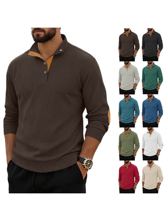 Mens Ribbed Henley Shirt Corduroy Long Sleeve Button Placket StandCollar Pullover Casual Regular Fit Textured Top with Elbow Patches