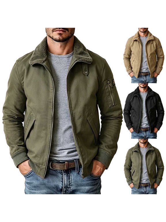 Mens Sherpa Collar Jacket Full Zip Warm Fleece Lined Bomber Coat with Sleeve Zipper Pocket and Side Pockets Casual Winter Fall Everyday Work Outerwear Army Green,2XL