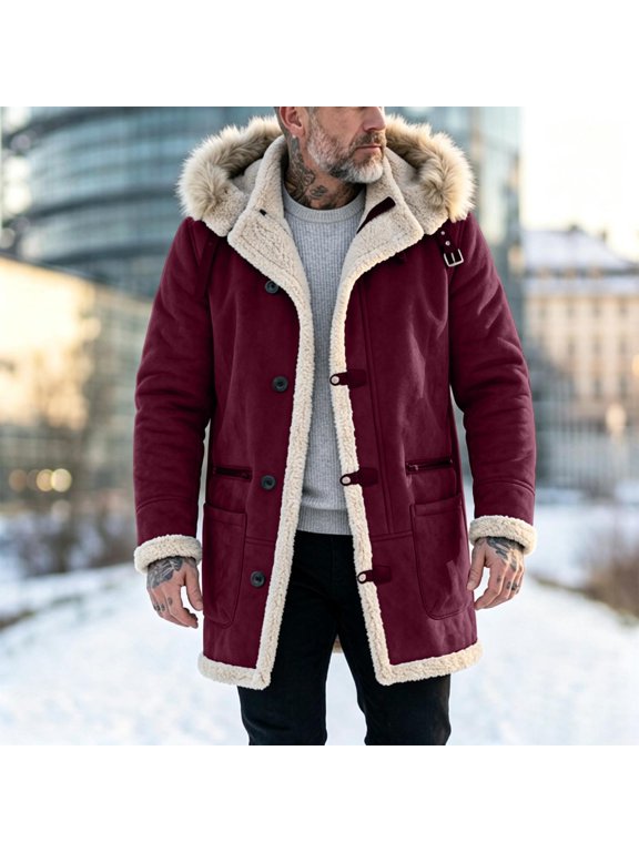 Mens Sherpa Lined Coat Hooded Winter Warm Jacket Toggle Closures Casual Mid Length Outerwear with Pockets for Cold Weather Wine,S