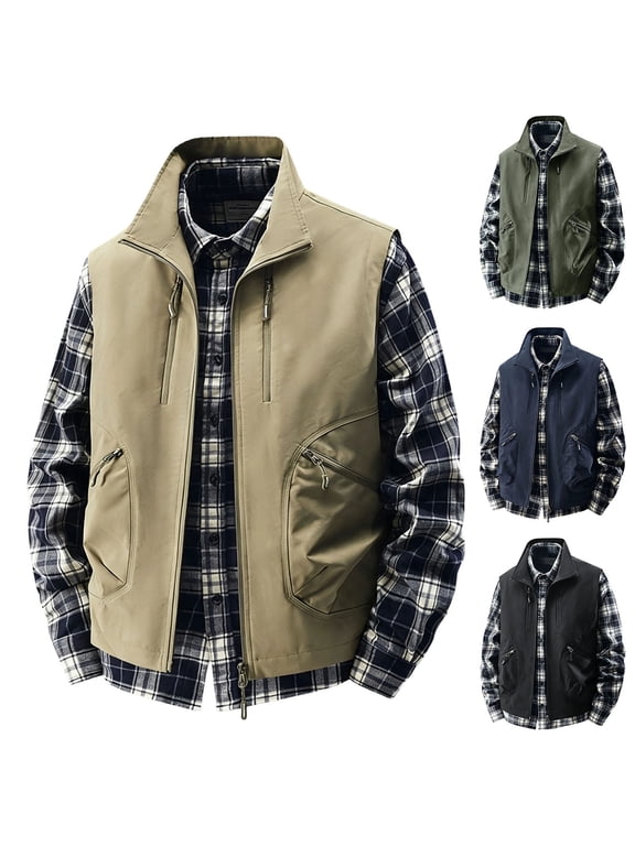 Mens Softshell Vest Stand Collar Sleeveless Zip Up Jacket Lightweight Windbreaker Outdoor Workwear Waistcoat with Multiple Zipper Pockets for Hiking Travel Fall Layering Khaki,L