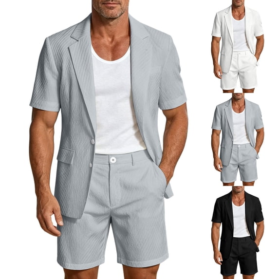 Mifsaly Mens Suits 2 Piece Set Business Casual Hort Sleeve Blazer Suit Jackets and Elastic Waist Shorts Textured Office Work Matching Outfits with Pockets Gray,XL