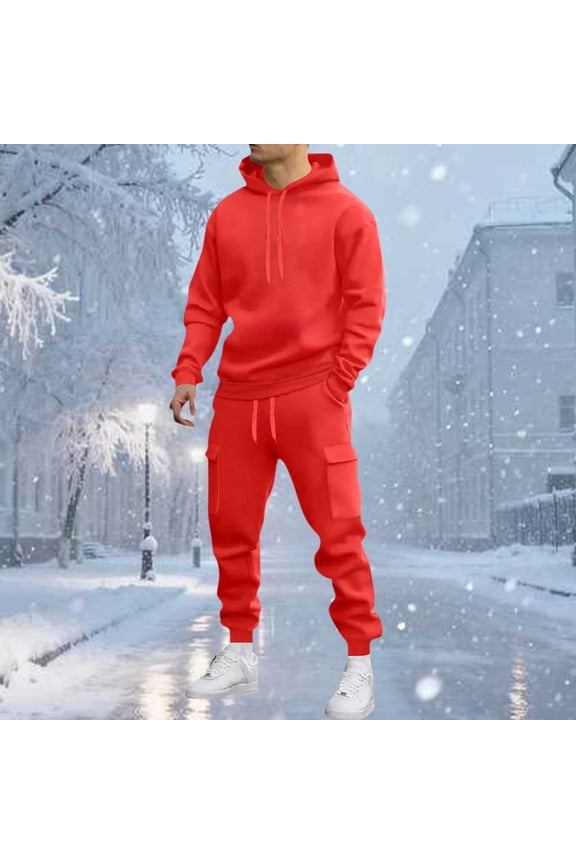 Mens Sweat Suits 2 Piece Set Fall Trendy Workout Matching Outfits Winter Loungewear Long Sleeve Hoodie Pullover Hooded Sweatpants Loose Joggers Cargo Pants with Multi Pockets
