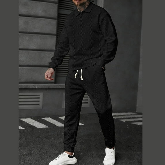 Mifsaly Mens Sweatsuits 2 Piece Set Vintage Jacquard Workout Matching Loungewear Lapel Long Sleeve Pullover Sweatshirt Drawstring Straight Leg Joggers with Pockets Fall Winter Casual Outfits