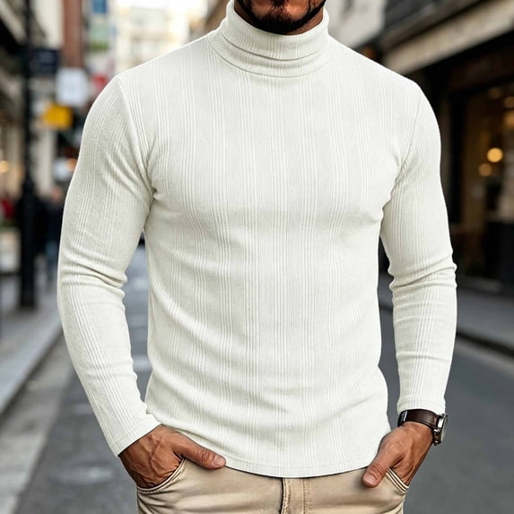 Mifsaly Mens Turtleneck Sweaters Slim Fit Long Sleeve Ribbed Knit Sweaters Comfortable Stretchy Warm Fall Winter Undershirt Tops White,XL