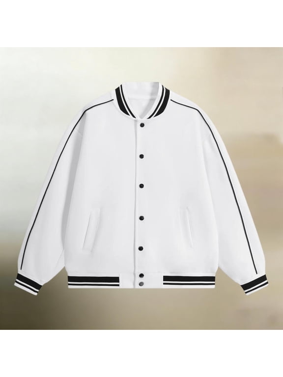 Mens Varsity Jacket Snap Button Baseball Bomber Coat with Striped Ribbed Collar Cuffs and Hem Lightweight Spring Fall Casual Streetwear Outerwear with Pockets White,S