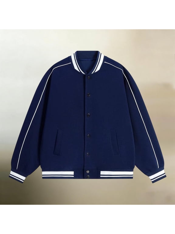 Mens Varsity Jacket Snap Button Baseball Bomber Coat with Striped Ribbed Collar Cuffs and Hem Lightweight Spring Fall Casual Streetwear Outerwear with Pockets Navy,S