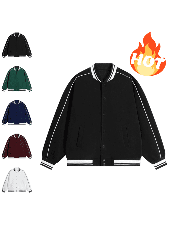 Mens Varsity Jacket Snap Button Baseball Bomber Coat with Striped Ribbed Collar Cuffs and Hem Lightweight Spring Fall Casual Streetwear Outerwear with Pockets Black,S