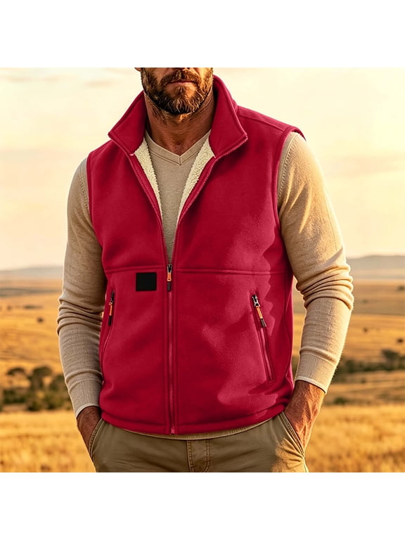 Mens Warm Polar Fleece Vest Stand Collar Full Zip Sleeveless Jacket Classic Fit Winter Fall Thermal Outerwear Gilet with Zipper Pockets for Hiking Hunting Red,L