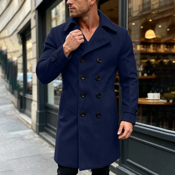 Mifsaly Mens Warm Trench Coats Mid Length Notched Lapel Pea Coat Double Breasted Fall Winter Going Out Business Casual Outfits with Pockets