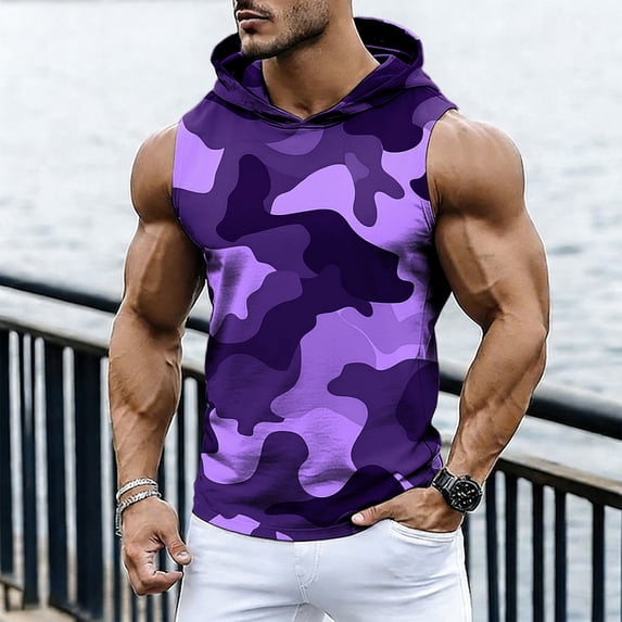 Mifsaly Mens Workout Tank tops Camo Print Sleeveless Hooded Shirts Breathable Lightweight Muscle Fit Training Performance Activewear Purple,XL