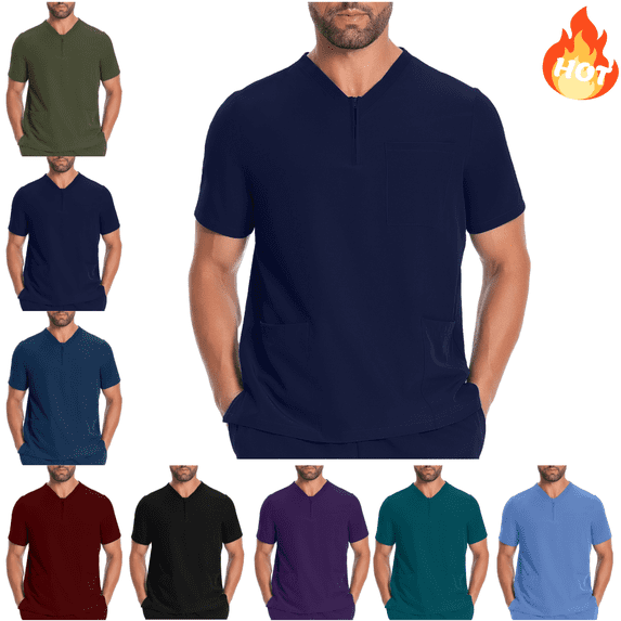 Mifsaly Mens Zip Front Scrub Tops Modern Fit Stretchy Medical Nursing Shirts Soft Breathable Chest Pocket Nurses Healthcare Workwear 2026 XL