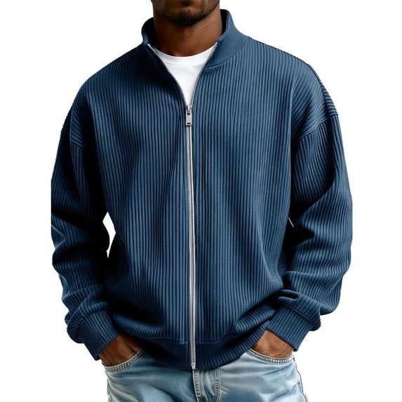 Mifsaly Mens Zip Up Jacket Ribbed Knit Stand Collar Sweatshirt Loose Fit Work Everyday Casual Outerwear Navy,XXXL