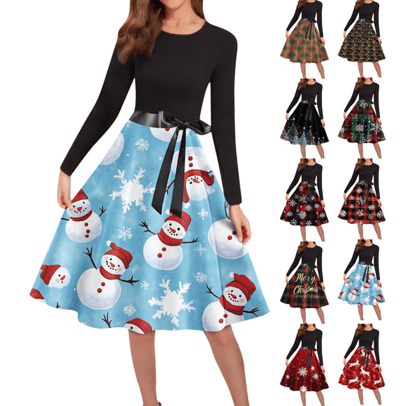 Mifsaly Merry Christmas Dresses for Women 2025 Crewneck Long Sleeve Vintage Cocktail Dress Xmas Plaid Tunic Elegant Evening Gowns Wedding Guest Festival Party Outfits with Belt