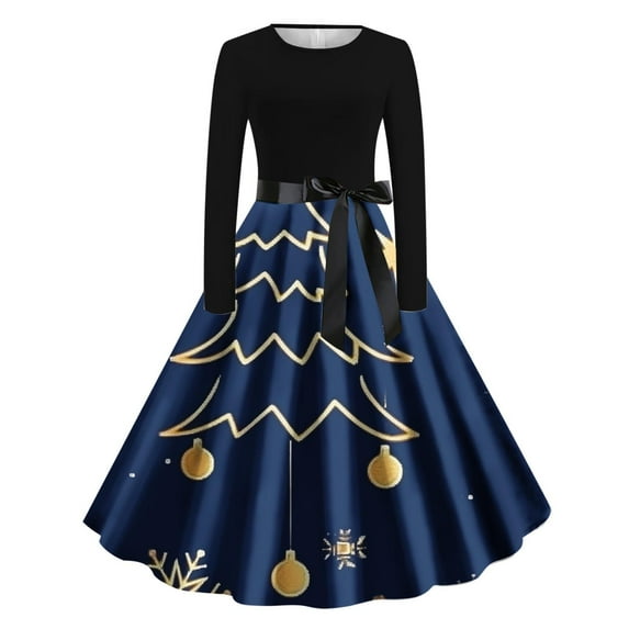 Mifsaly Merry Christmas Dresses for Women Xmas Tree Long Sleeve Crewneck Tunic Elegant Cocktail Dress Christmas Party Vintage Evening Gowns 2025 Holiday Festival Wedding Guest Outfits