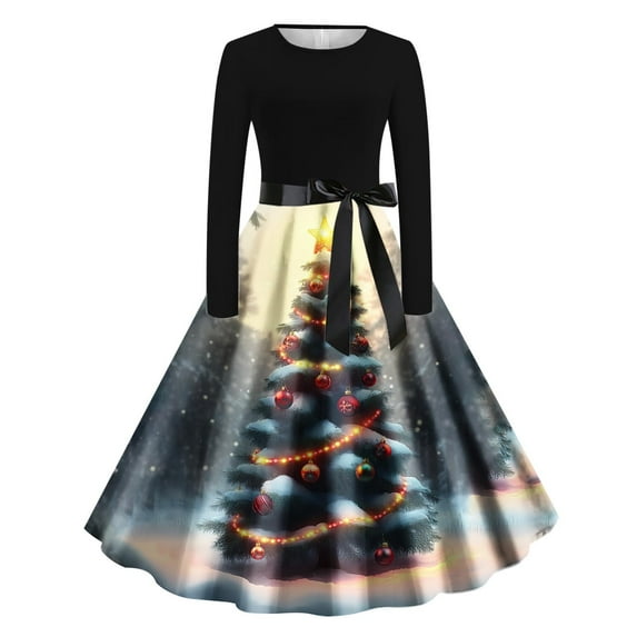 Mifsaly Merry Christmas Dresses for Women Xmas Tree Long Sleeve Crewneck Tunic Elegant Cocktail Dress Christmas Party Vintage Evening Gowns 2025 Holiday Festival Wedding Guest Outfits
