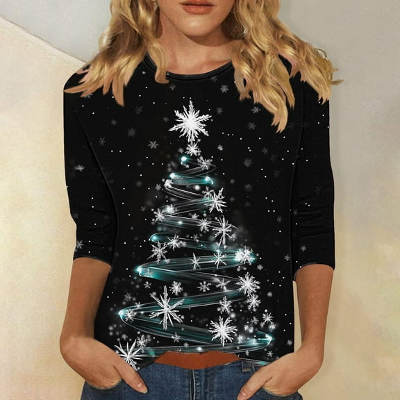 Mifsaly Merry Christmas Shirts Women 3/4 Sleeve Crewneck Plus Size T-Shirts Gradient Bright Fashion Pullover Tops Festival Party Blouse Holiday Funny Outfits 2025
