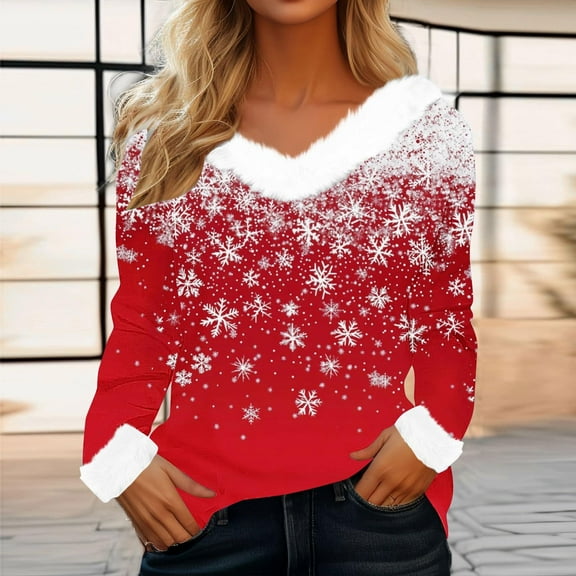 Mifsaly Merry Christmas Sweatshirt Women Tunic Faux Fur Collar and Cuffs Loose Pullover Tops Classic V Neck Long Sleeve Blouse Holiday Movies Watching Shirt 2025 Festival Party Loungewear