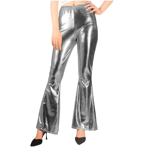 Mifsaly Metallic Flared Pants Women High Waist Stretchy Flare Pant Night Out Party Dance Elegant Clubwear L