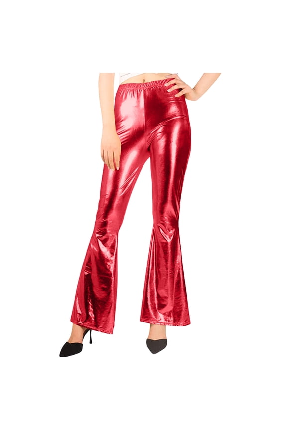 Metallic Flared Pants Women High Waist Stretchy Flare Pant Night Out Party Dance Elegant Clubwear S