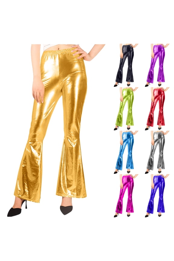 Metallic Flared Pants Women High Waist Stretchy Flare Pant Night Out Party Dance Elegant Clubwear S
