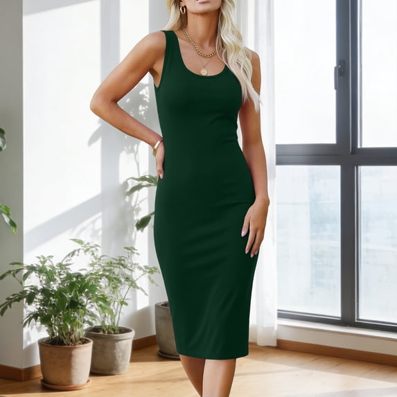 Mifsaly Midi Bodycon Dresses for Women Summer Casual Sleeveless Tank Dress Slim Fit Scoop Neck Outing Clubwear Stretchy Sundress Green,XXXL