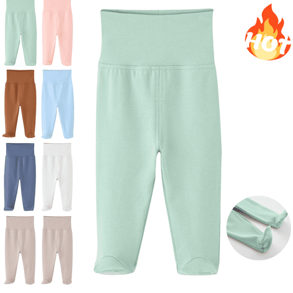 Mifsaly Newborn infant Footed Leggings Soft Cotton Wide High Waist Tummy Protection Footie Pants Stretchy Solid Color Casual Sleep Bottoms for Baby Boys Girls