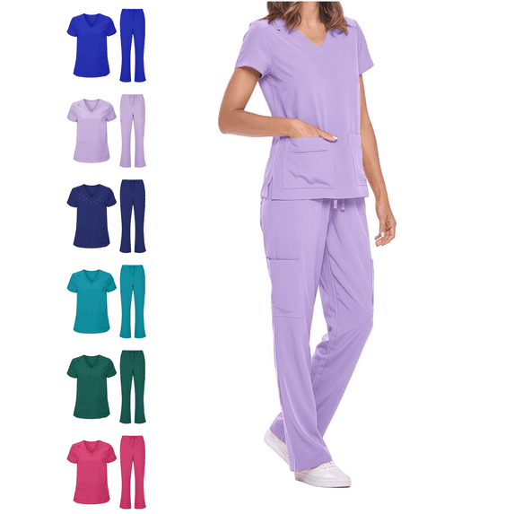 Mifsaly Nurse Scrubs for Women Set Loose Fit V-Neck Tops Stretchy Straight Leg Pants with Multi Pockets Soild Color Doctors Workwear Comfortable Nursing Scrub Matching Outfits 2026 S
