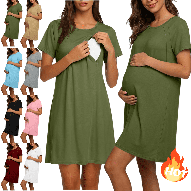 Mifsaly Nursing Dresses Breastfeeding Crewneck Short Sleeve Maternity Dress Soft Breathable Summer Casual Postpartum Hospital Gowns with Hidden Zipper Army Green,XXL