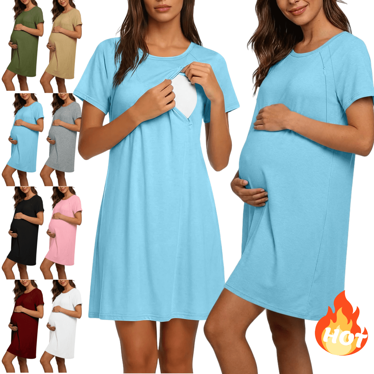 Mifsaly Nursing Dresses Breastfeeding Crewneck Short Sleeve Maternity Dress Soft Breathable Summer Casual Postpartum Hospital Gowns with Hidden Zipper 