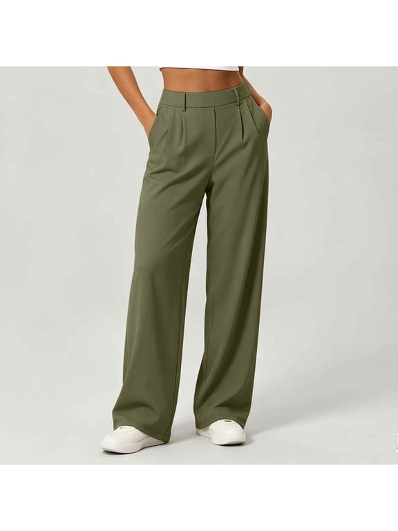 Office Pants for Women High Waisted Pleated Work Trousers Comfy Stretch Business Casual Loose Fit Summer Slacks with Pockets Army Green,S