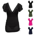 thumbnail image 1 of Mifsaly One Piece Swimsuits Women Deep V-Neck Mesh Panels Flutter Sleeves Swimdress Ruched Tummy Control Modest Bathing Suits Beach Summer Vacation Swimwear XXL, 1 of 4