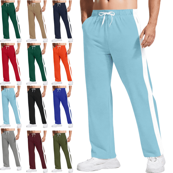 Mifsaly Open Bottom Sweatpants for Men Side Striped Baggy Wide Leg Pants Drawstring Elastic Waist Sweatpant Running Hiking Athletic Joggers with Pockets Light Blue XL