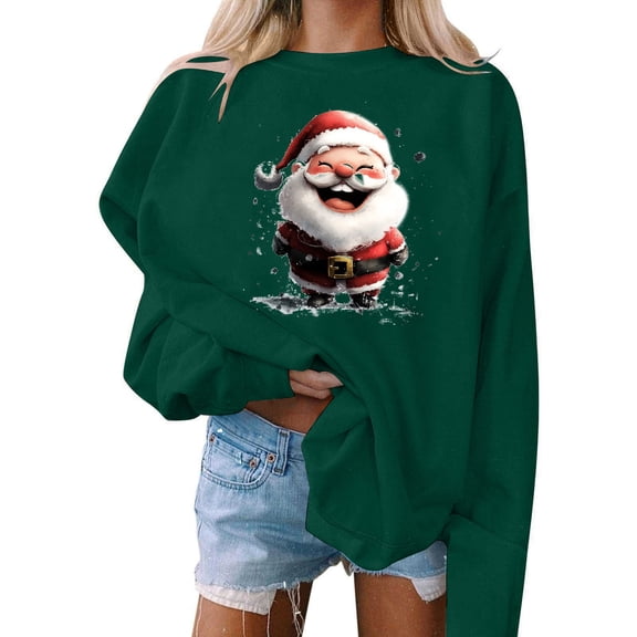 Mifsaly Oversized Christmas Sweatshirts for Women Cute Xmas Santa Pullover Tops Long Sleeve Crewneck Blouse Bright and Merry Funny Shirt Festival Party T-Shirts 2025 Vacation Streetwear