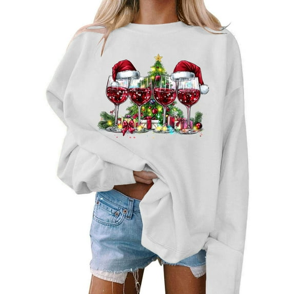 Mifsaly Oversized Christmas Sweatshirts for Women Xmas Red Wine Cup Print Vintage Pullover Tops Long Sleeve Crewneck Shirt Festival Bright and Merry T-Shirts 2025 Vacation Festival Loungewear
