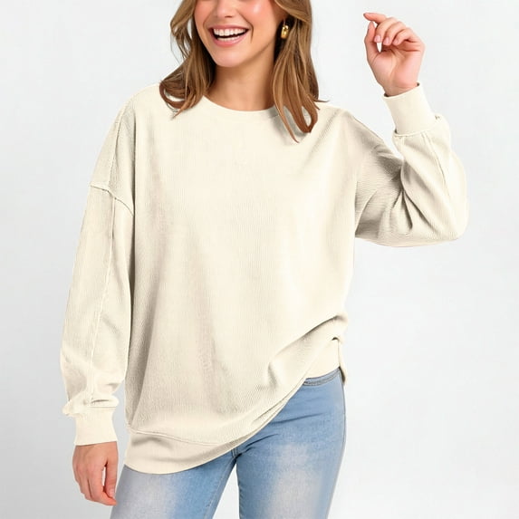 Mifsaly Oversized Crewneck Sweatshirt Women Ribbed Long Sleeve Crewneck Sweatshirts Soild Color Drop Shoulder Casual Pullover Tops 2025 Fashion Outfits