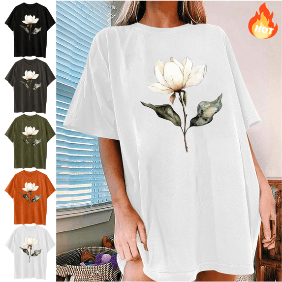 Mifsaly Oversized Graphic Tees for Women Magnolia Floral Print Cotton T-Shirts Crewneck Short Sleeve Summer Tops Lightweight Breathable Casual Daily Loose Fit Shirts 2026 L