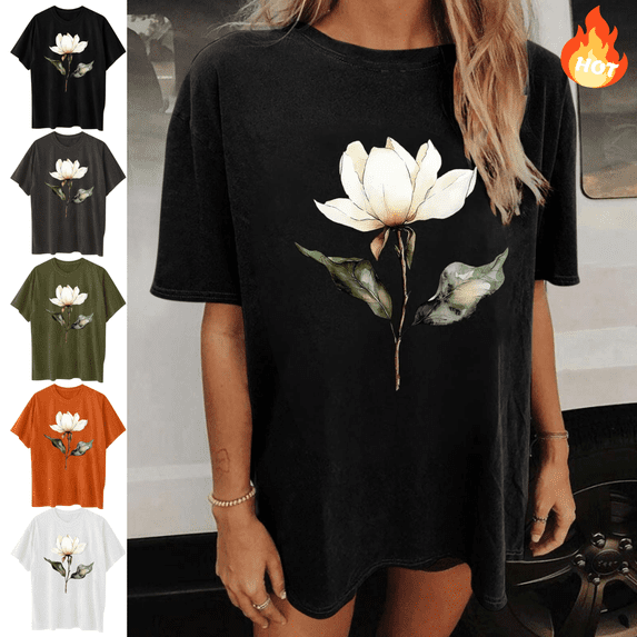 Mifsaly Oversized Graphic Tees for Women Magnolia Floral Print Cotton T-Shirts Crewneck Short Sleeve Summer Tops Lightweight Breathable Casual Daily Loose Fit Shirts 2026 L