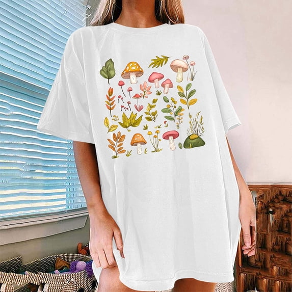 Mifsaly Oversized T-Shirts for Women Graphic Tees Mushroom Botanical Cotton Shirt Crewneck Short Sleeve Summer Tops Loose Fit Lightweight Breathable Casual Daily Vacation Top L